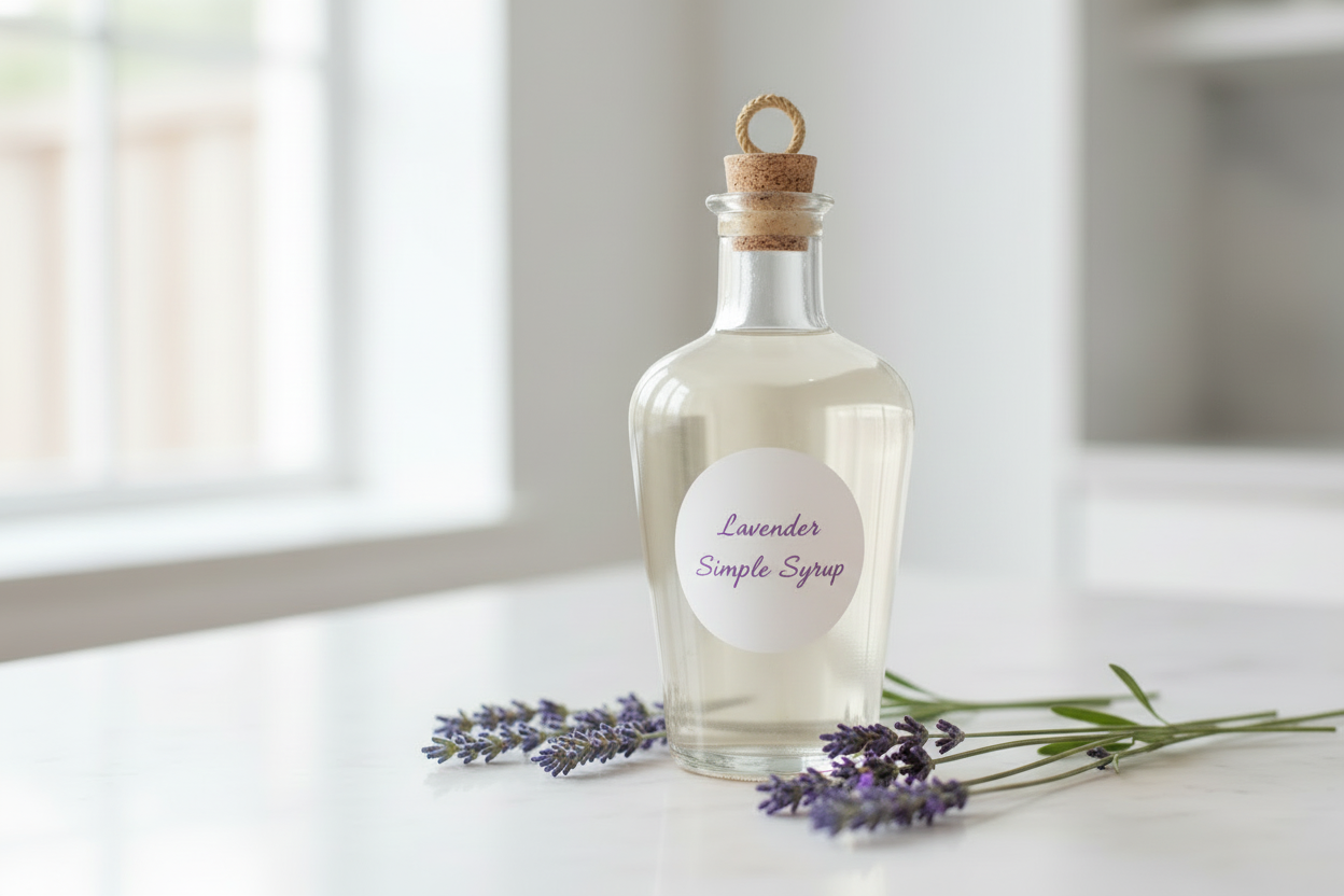 Lavender simple syrup bottle with very light clear liquid