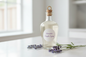Lavender simple syrup bottle with very light clear liquid